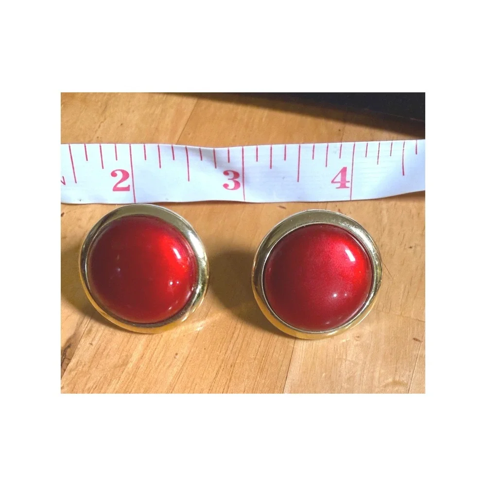 Vintage Red Gold Tone‎ Oversized Round Cabochon Stud Earrings Statement Retro 1